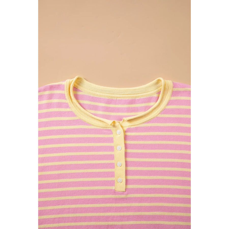 Plus Size Striped Long Sleeve Button Detail Sweater Apparel and Accessories