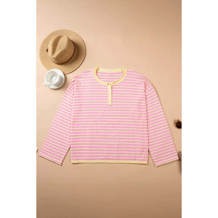 Plus Size Striped Long Sleeve Button Detail Sweater Apparel and Accessories