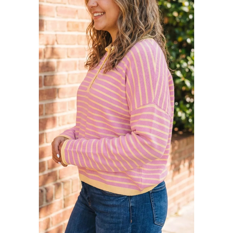 Plus Size Striped Long Sleeve Button Detail Sweater Apparel and Accessories