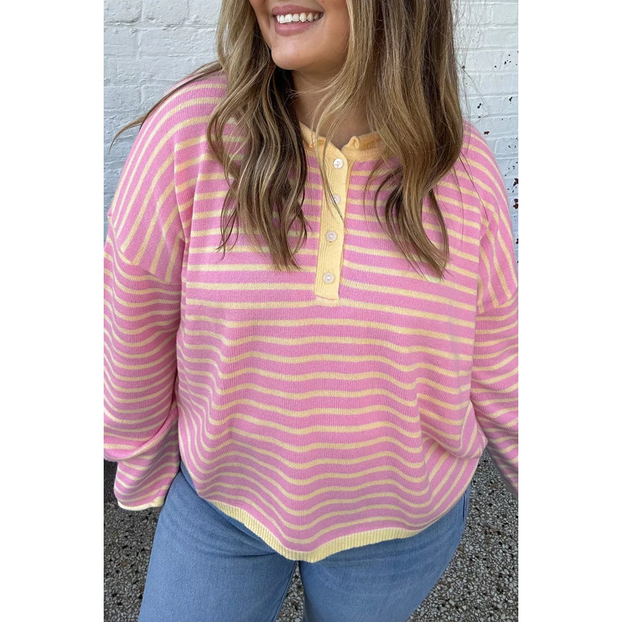 Plus Size Striped Long Sleeve Button Detail Sweater Apparel and Accessories