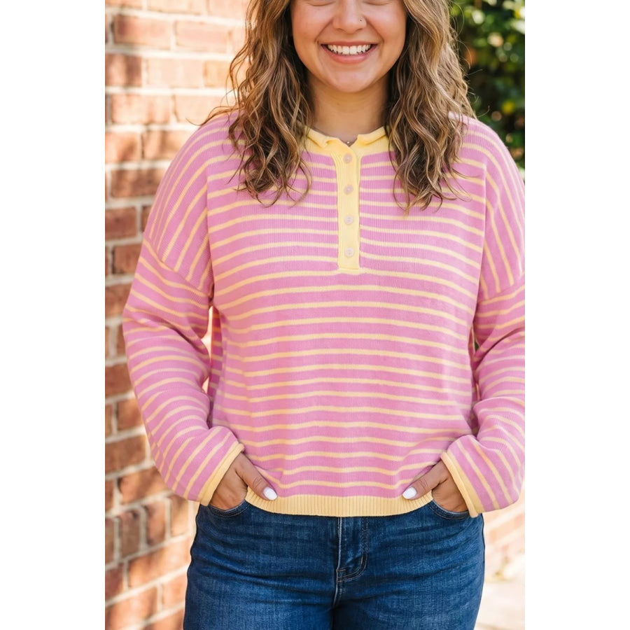 Plus Size Striped Long Sleeve Button Detail Sweater Dusty Pink / 1X Apparel and Accessories