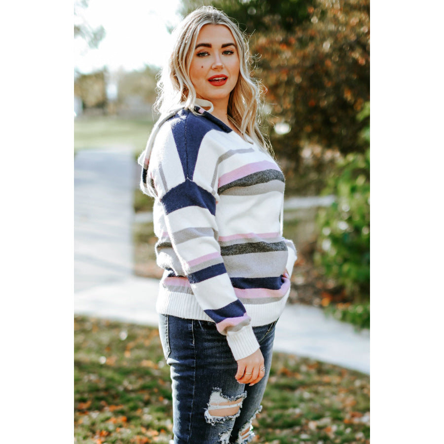 Plus Size Striped Long Sleeve Hooded Sweater Apparel and Accessories