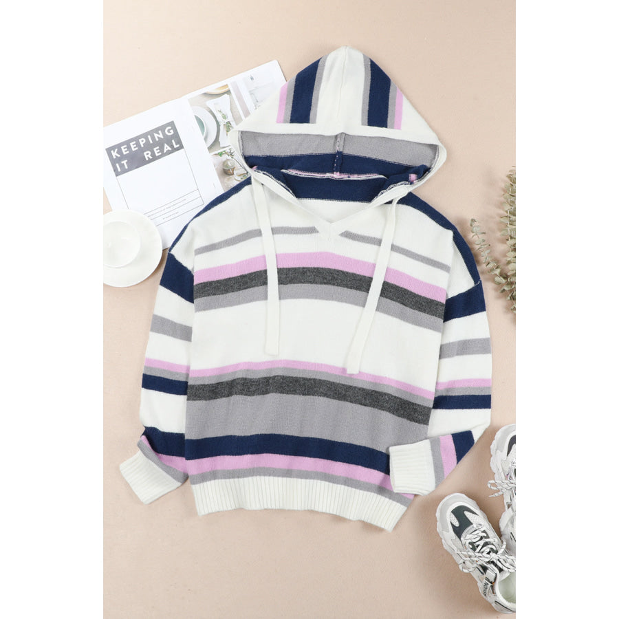 Plus Size Striped Long Sleeve Hooded Sweater Apparel and Accessories