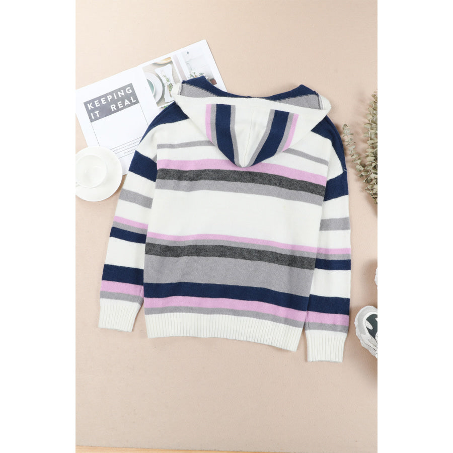 Plus Size Striped Long Sleeve Hooded Sweater Apparel and Accessories