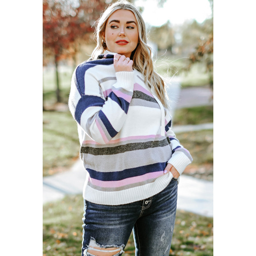 Plus Size Striped Long Sleeve Hooded Sweater Apparel and Accessories