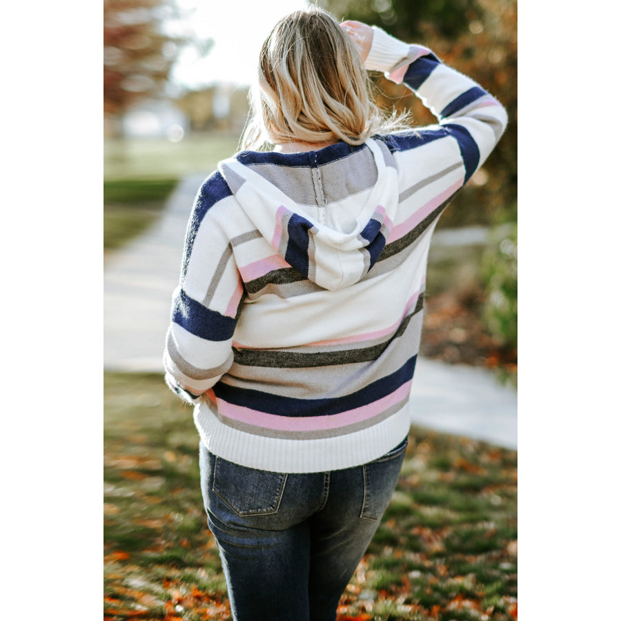 Plus Size Striped Long Sleeve Hooded Sweater Apparel and Accessories