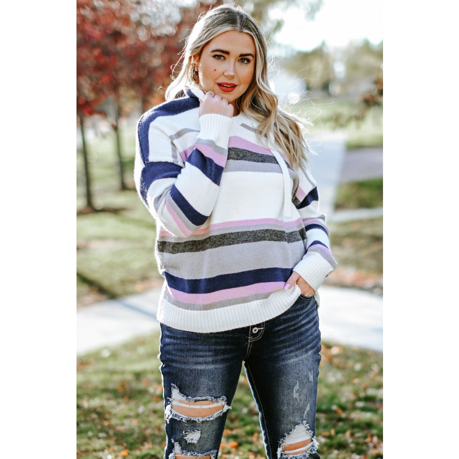 Plus Size Striped Long Sleeve Hooded Sweater Apparel and Accessories