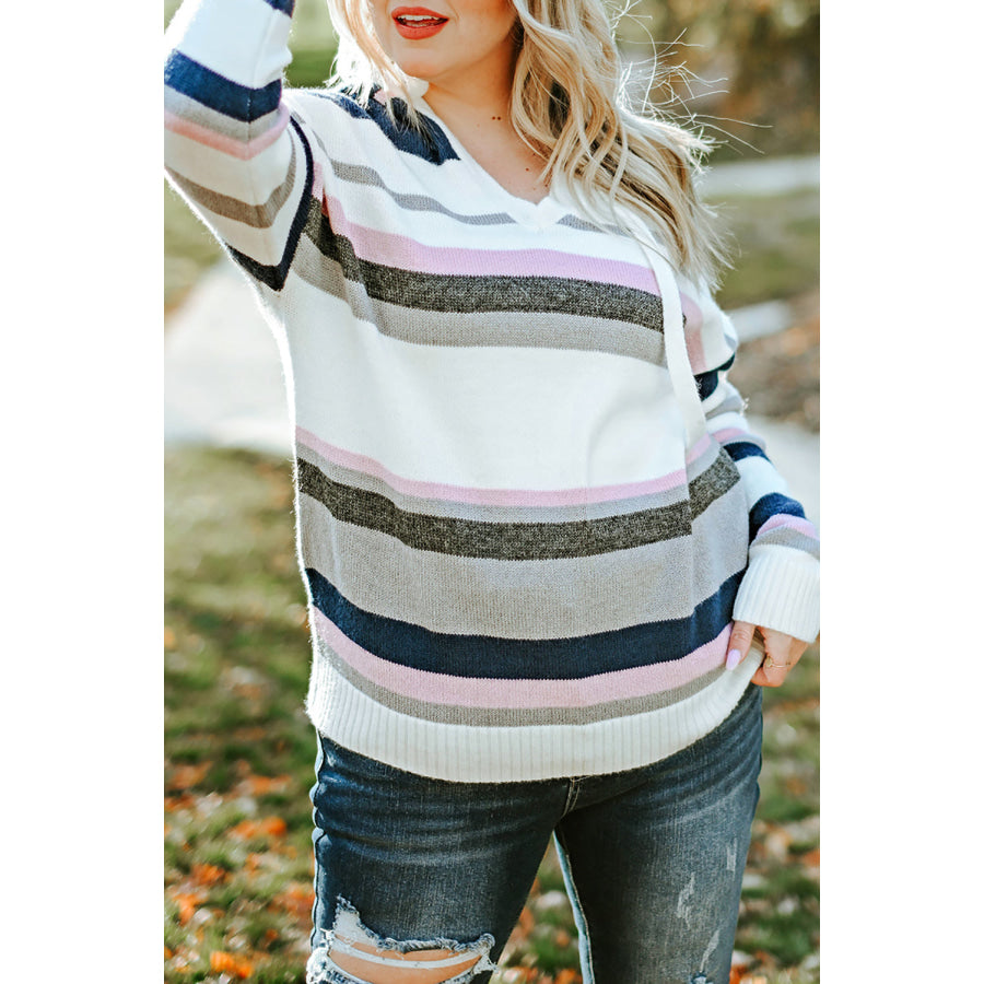 Plus Size Striped Long Sleeve Hooded Sweater Stripe / 1X Apparel and Accessories