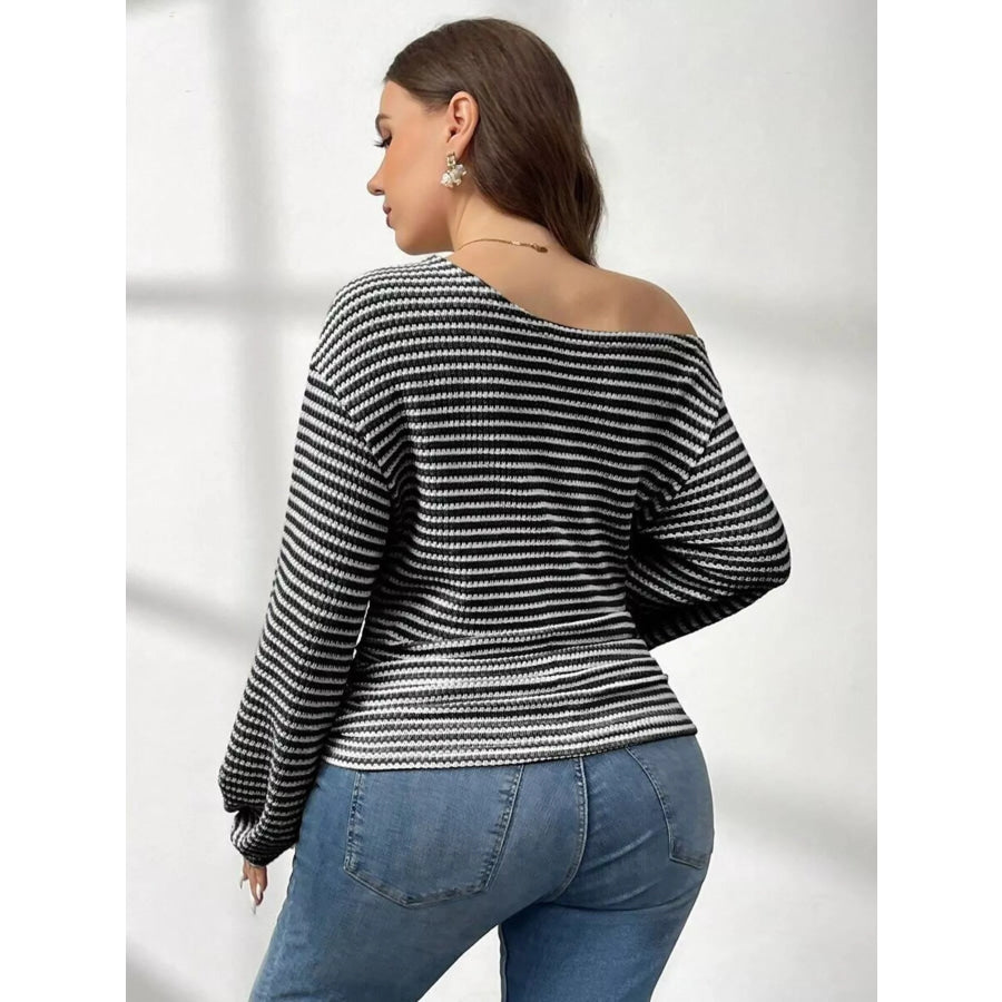 Plus Size Striped One-Shoulder Long Sleeve T-Shirt Apparel and Accessories