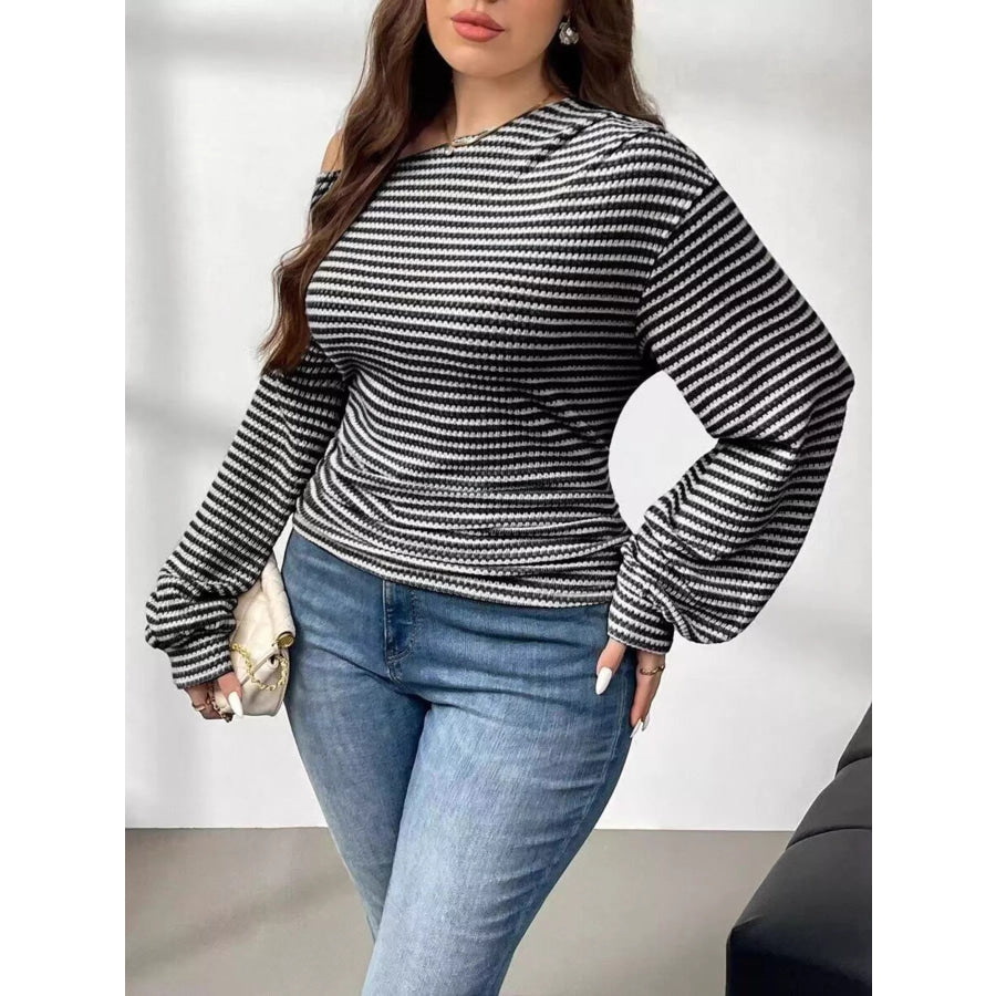 Plus Size Striped One-Shoulder Long Sleeve T-Shirt Apparel and Accessories