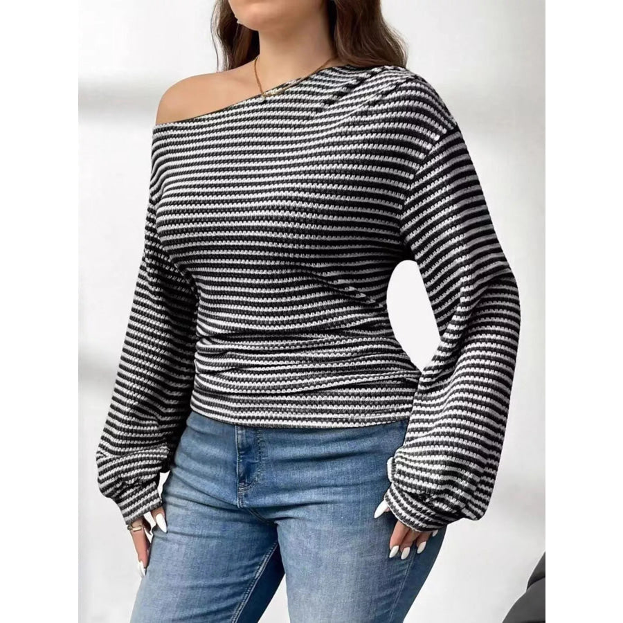 Plus Size Striped One-Shoulder Long Sleeve T-Shirt Black / 1XL Apparel and Accessories