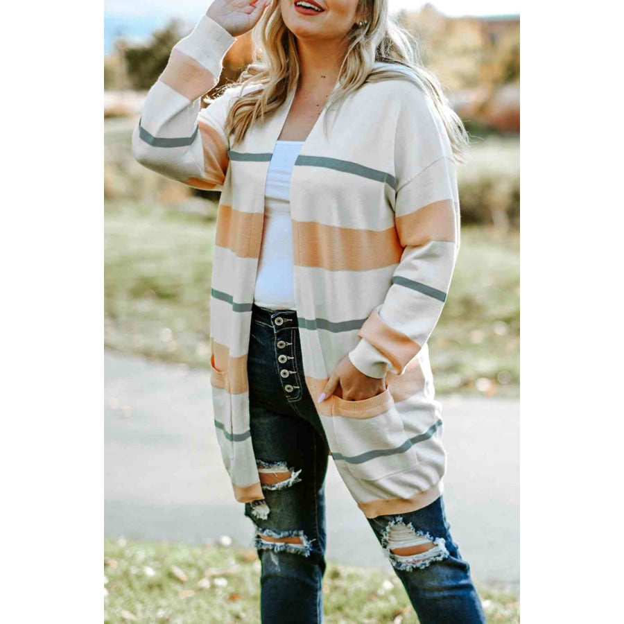 Plus Size Striped Open Front Cardigan Beige / 1X