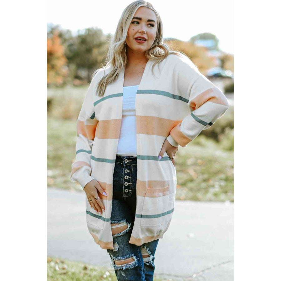 Plus Size Striped Open Front Cardigan