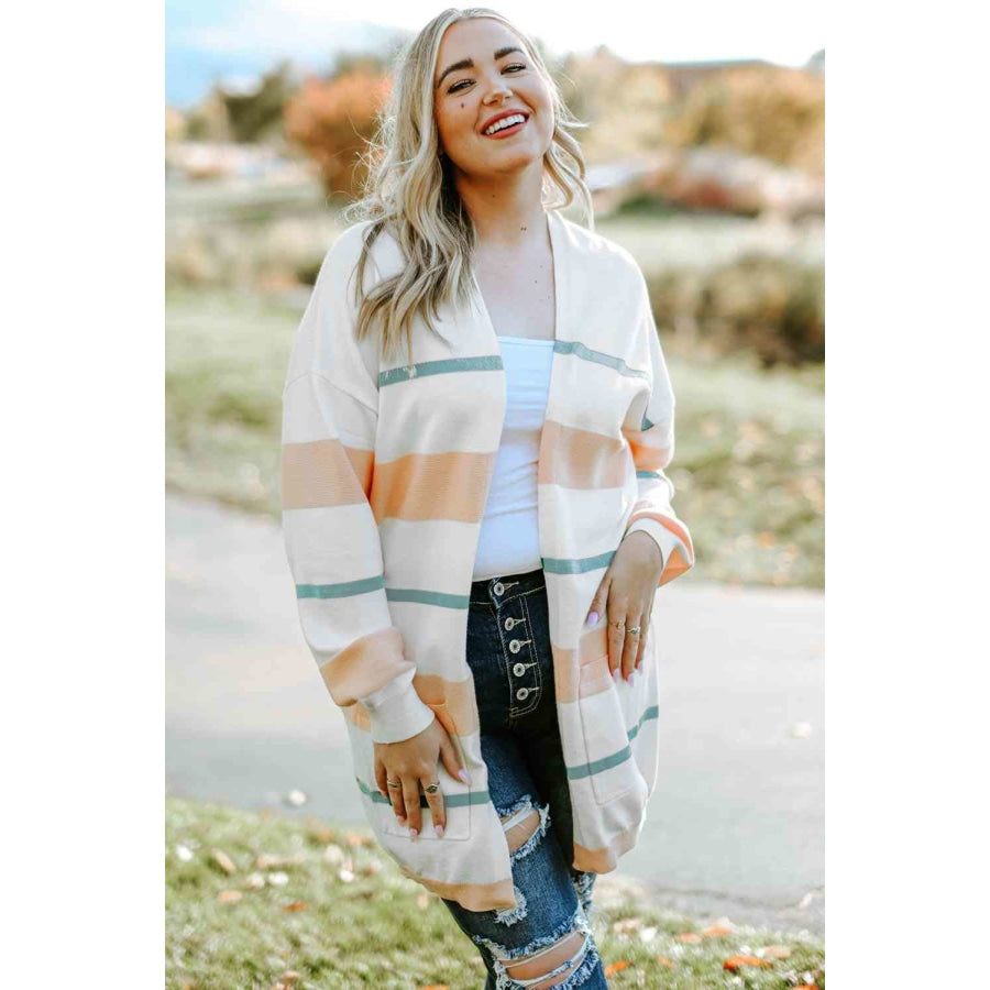 Plus Size Striped Open Front Cardigan