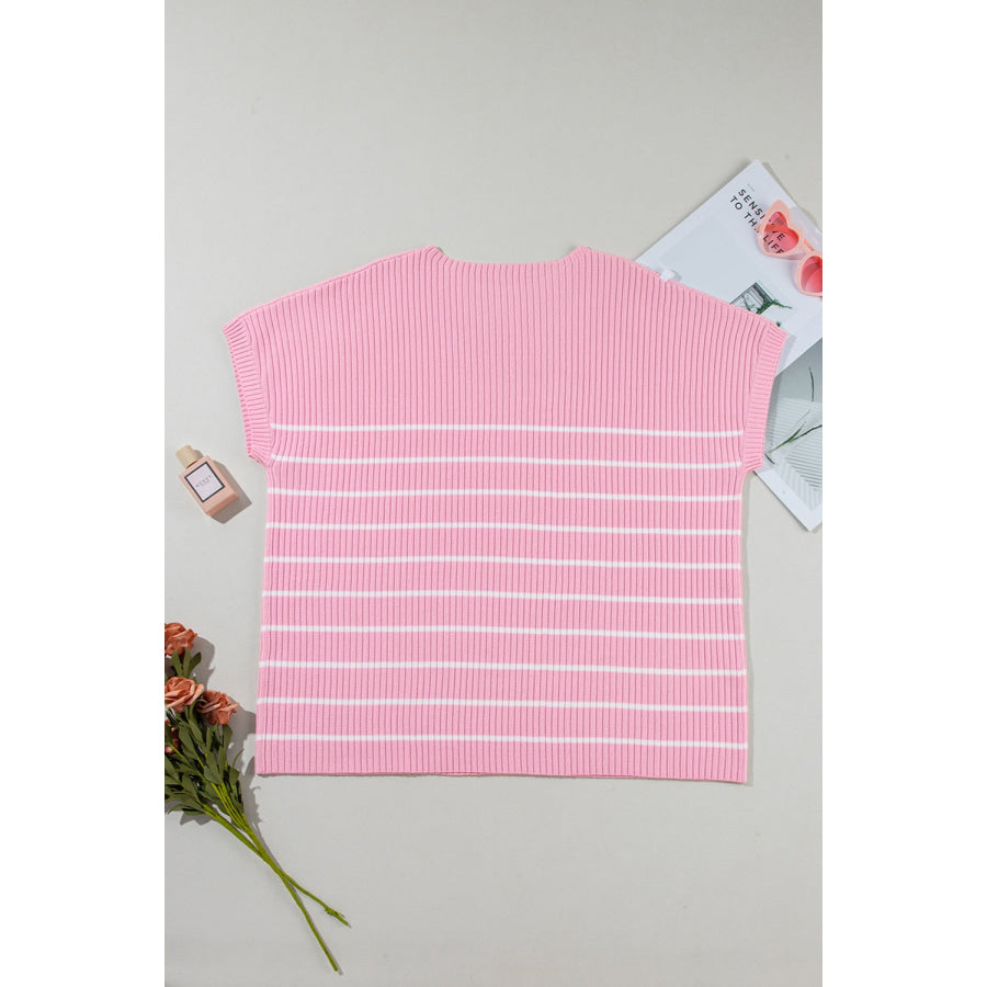 Plus Size Striped Round Neck Cap Sleeve Knit Top Apparel and Accessories