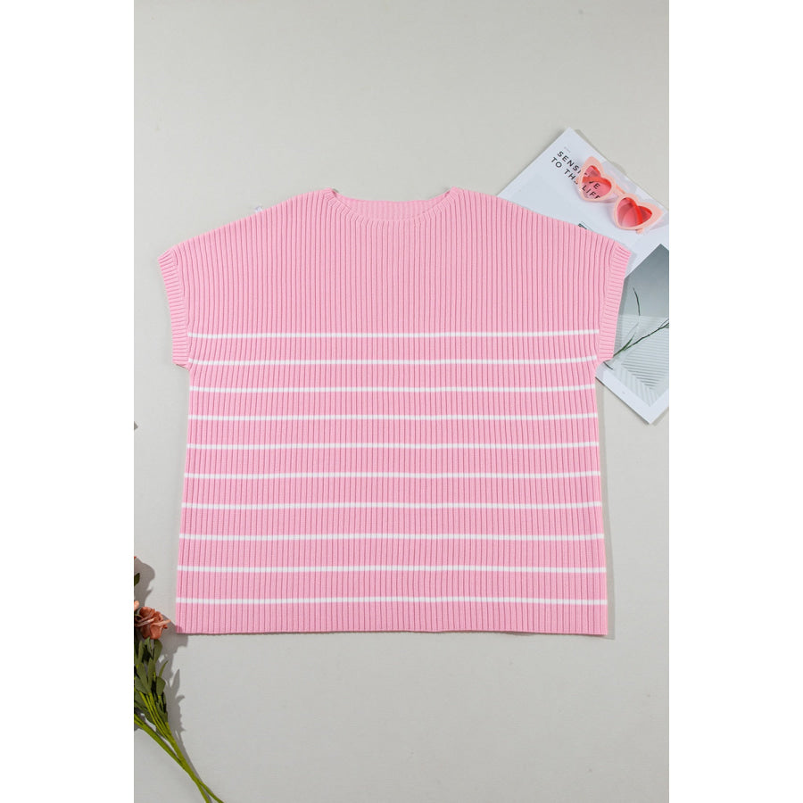 Plus Size Striped Round Neck Cap Sleeve Knit Top Blush Pink / 1XL Apparel and Accessories