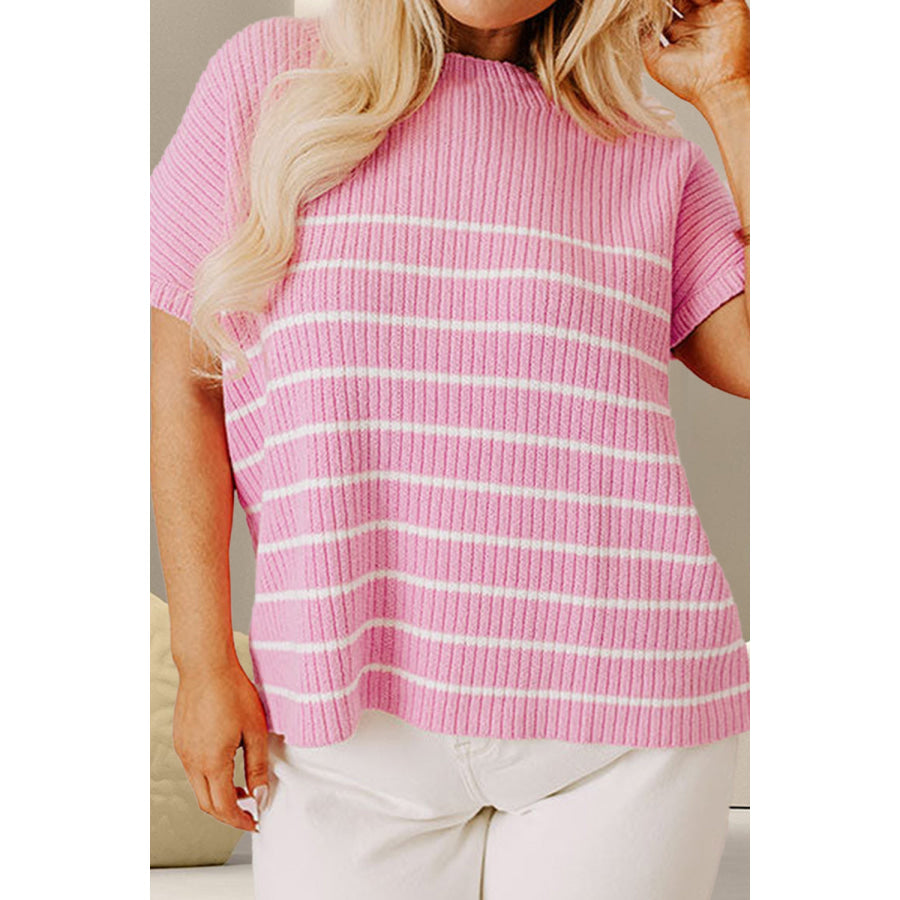 Plus Size Striped Round Neck Cap Sleeve Knit Top Blush Pink / 1XL Apparel and Accessories