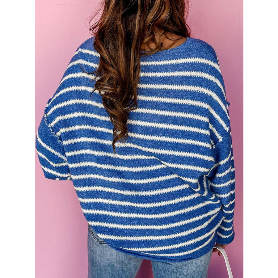 Plus Size Striped Round Neck Dropped Shoulder Sweater Apparel and Accessories