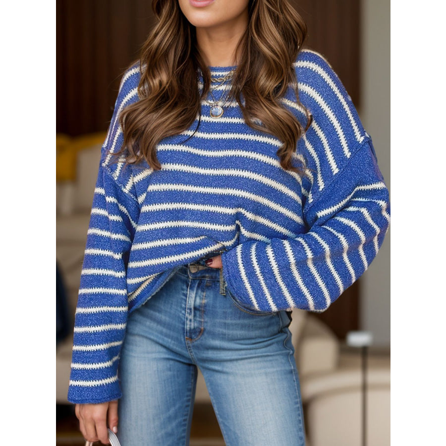 Plus Size Striped Round Neck Dropped Shoulder Sweater Royal Blue / 1XL Apparel and Accessories