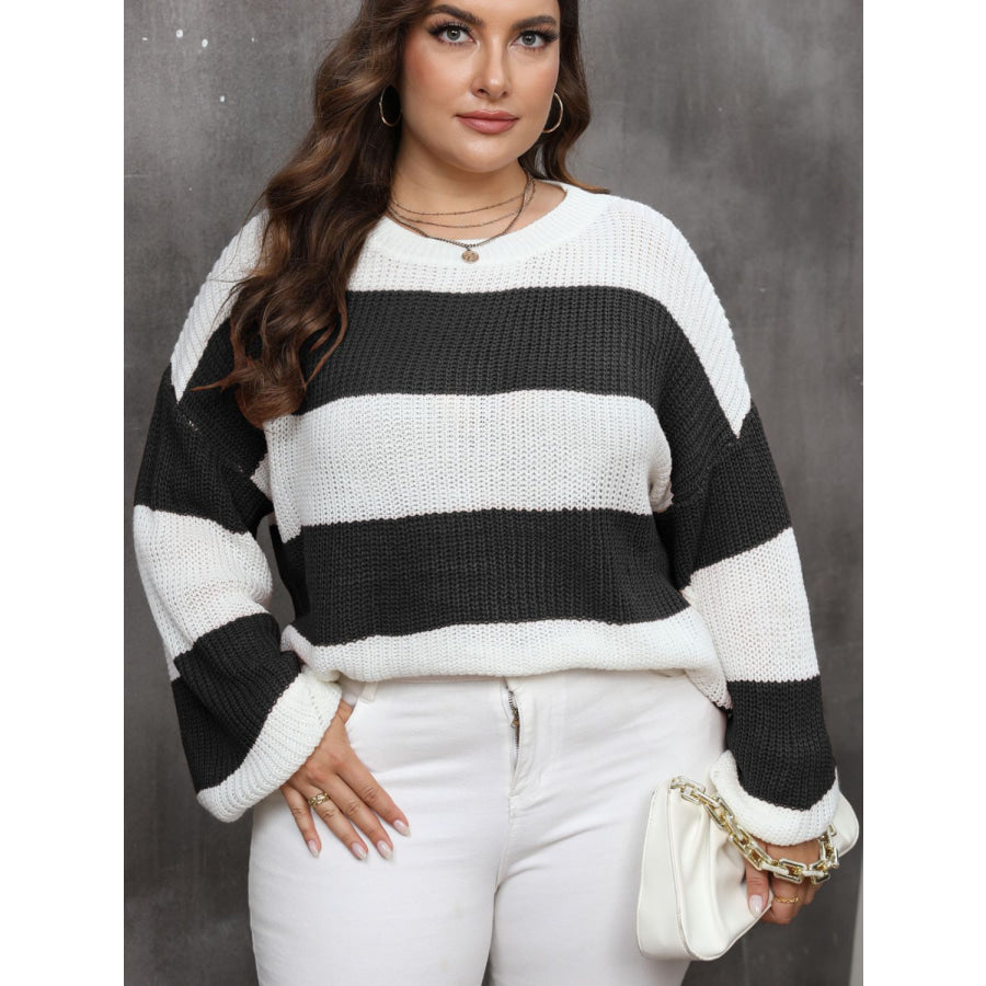 Plus Size Striped Round Neck Long Sleeve Sweater Apparel and Accessories