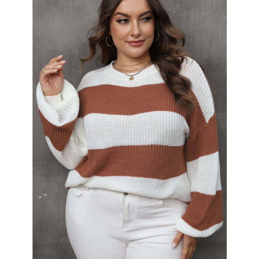 Plus Size Striped Round Neck Long Sleeve Sweater Apparel and Accessories