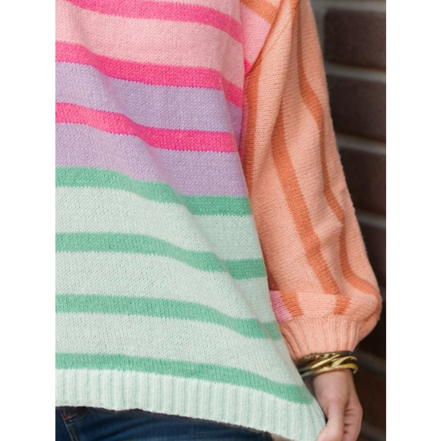 Plus Size Striped Round Neck Long Sleeve Sweater Fuchsia Pink / 1XL Apparel and Accessories