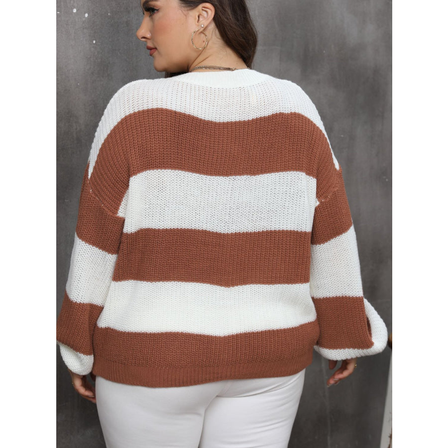 Plus Size Striped Round Neck Long Sleeve Sweater Apparel and Accessories