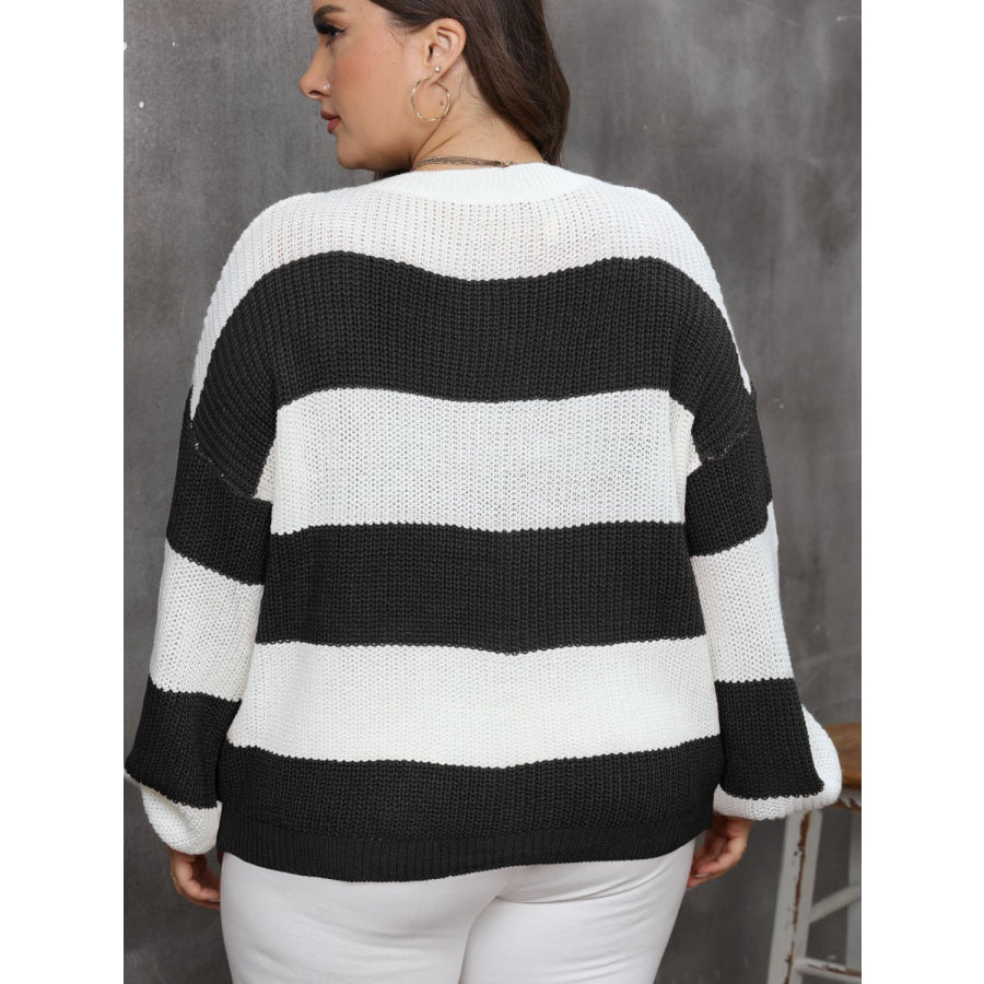 Plus Size Striped Round Neck Long Sleeve Sweater Black / 0XL Apparel and Accessories