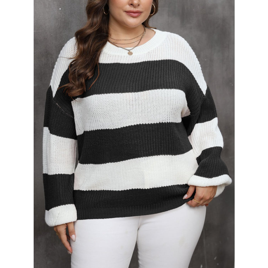 Plus Size Striped Round Neck Long Sleeve Sweater Black / 0XL Apparel and Accessories