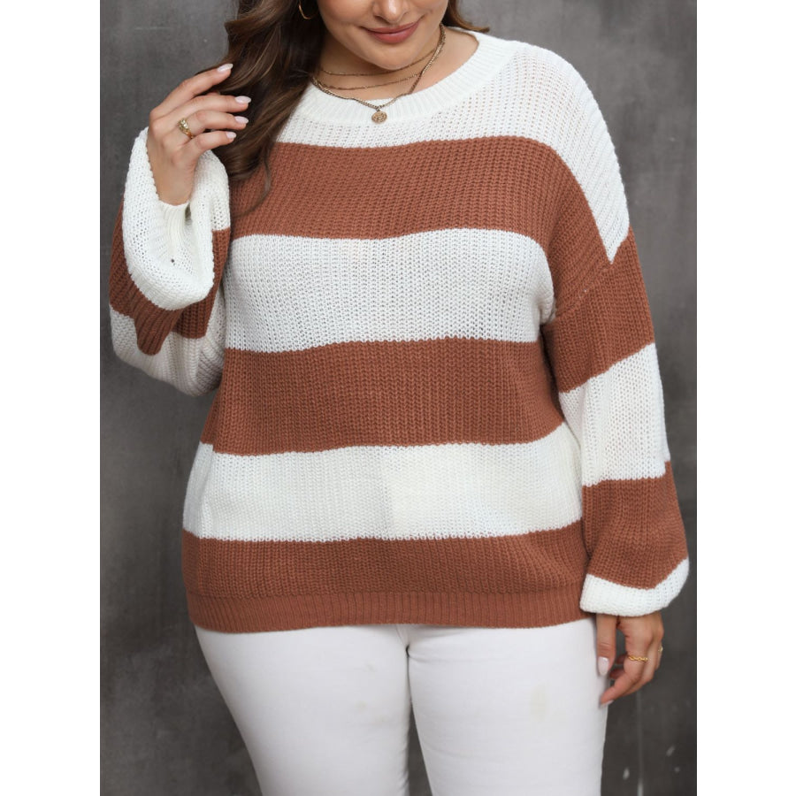 Plus Size Striped Round Neck Long Sleeve Sweater Brown / 0XL Apparel and Accessories