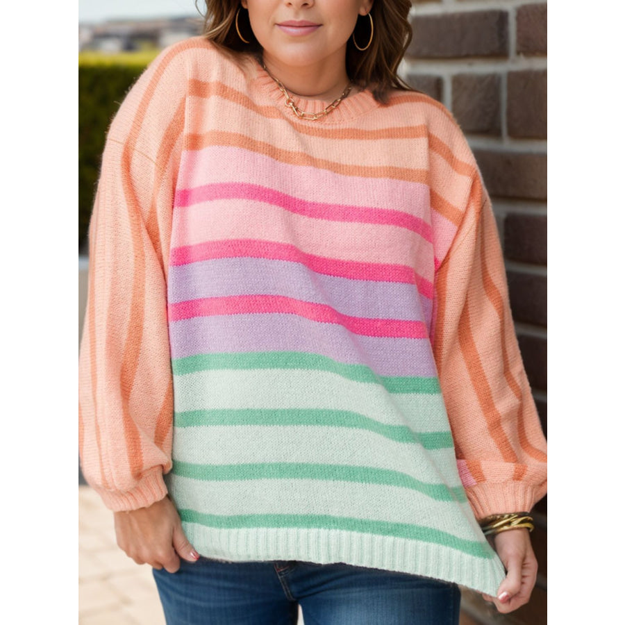 Plus Size Striped Round Neck Long Sleeve Sweater Fuchsia Pink / 1XL Apparel and Accessories