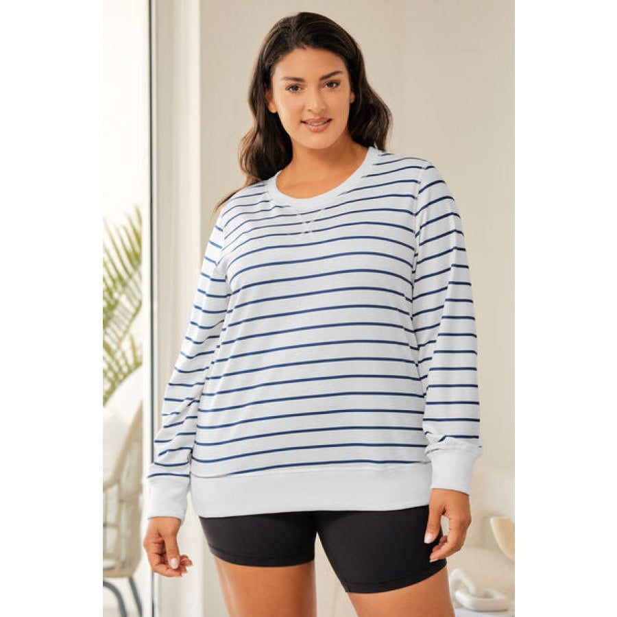 Plus Size Striped Round Neck Long Sleeve T-Shirt White / 1XL Clothing