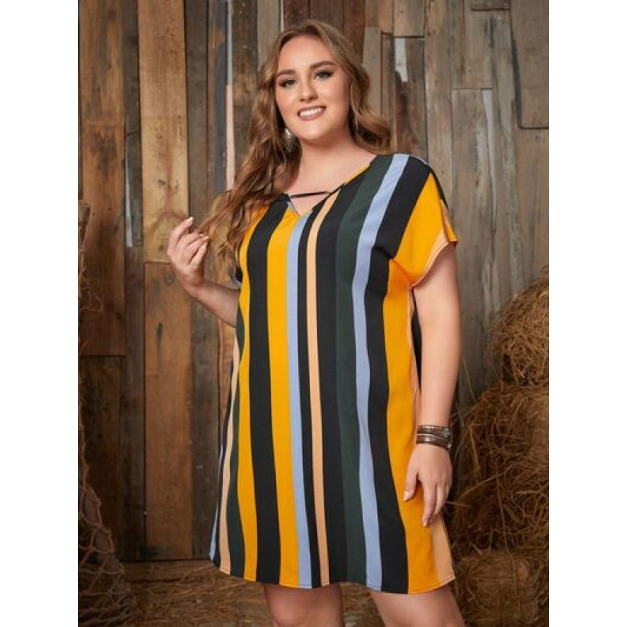 Plus Size Striped Short Sleeve Mini Dress Clothing