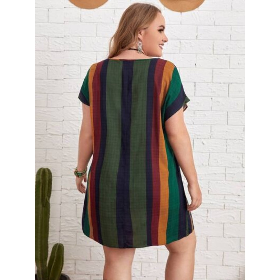 Plus Size Striped Short Sleeve Mini Dress Clothing