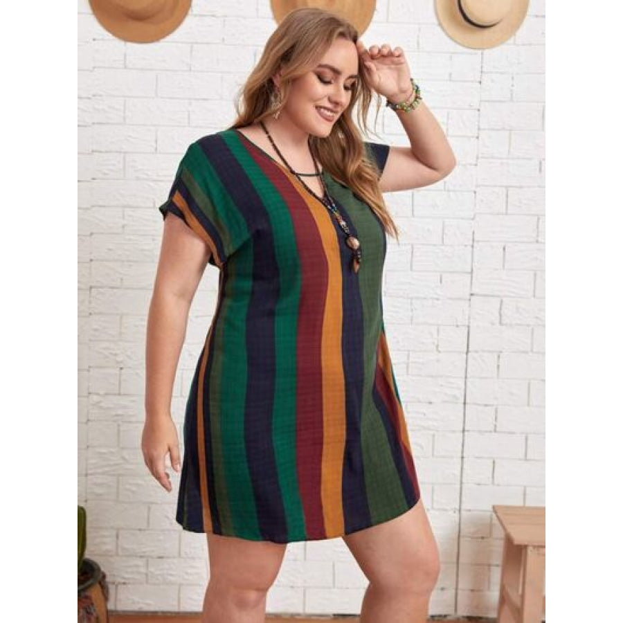 Plus Size Striped Short Sleeve Mini Dress Clothing