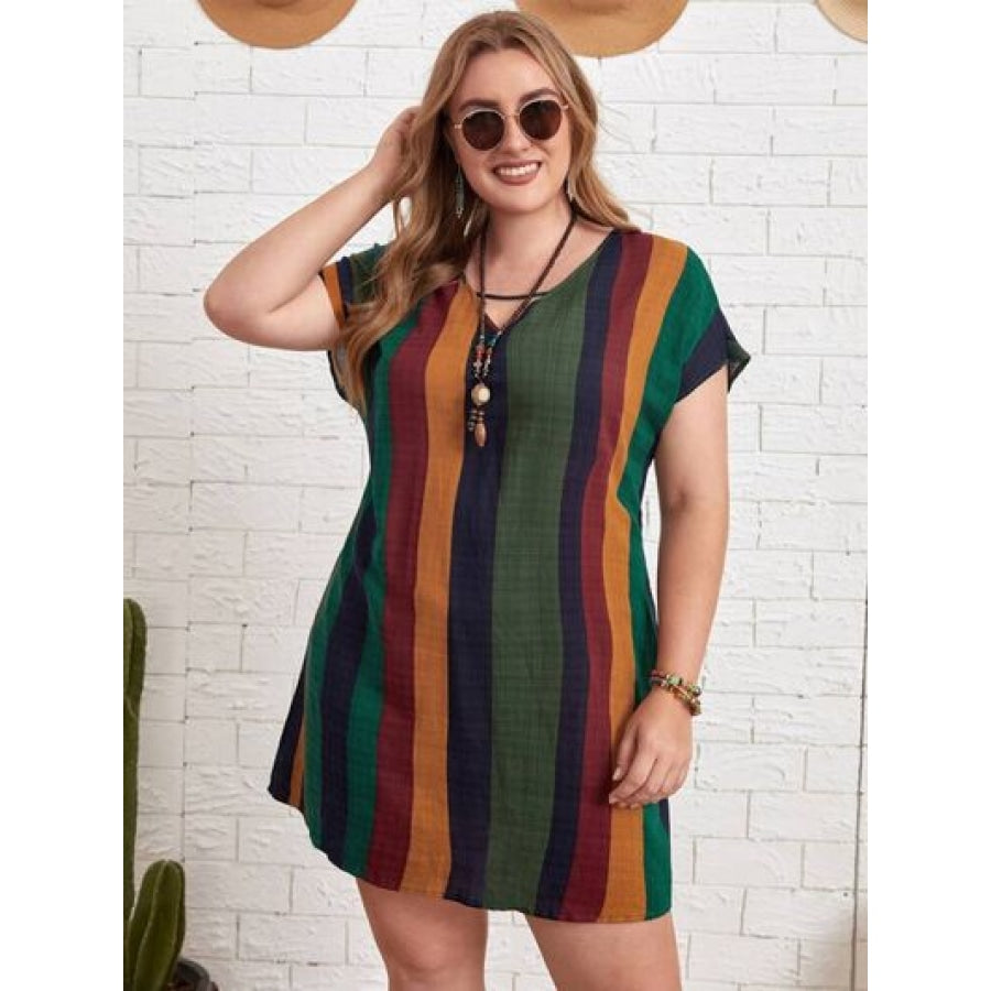 Plus Size Striped Short Sleeve Mini Dress Green / XL Clothing