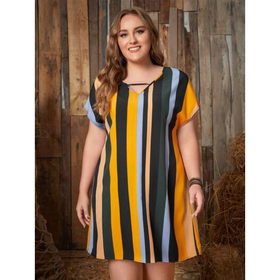 Plus Size Striped Short Sleeve Mini Dress Mustard / XL Clothing