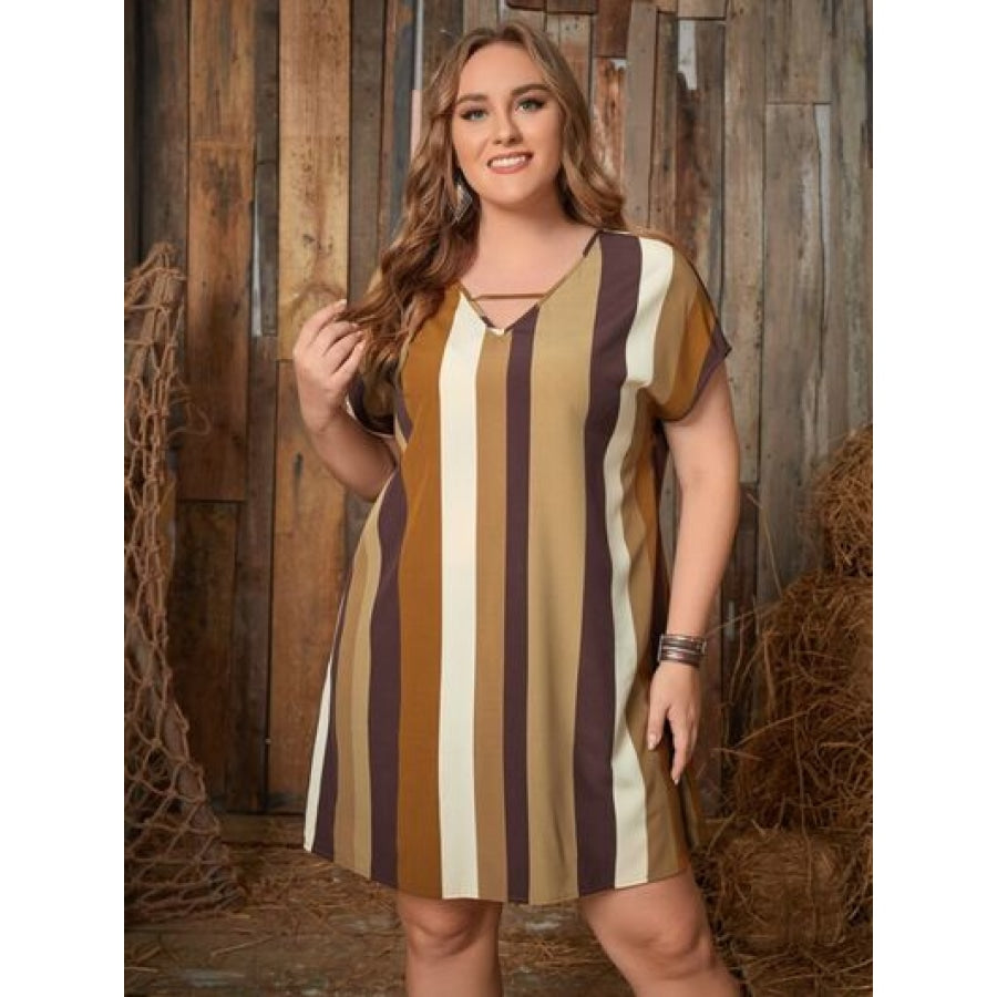 Plus Size Striped Short Sleeve Mini Dress Tan / XL Clothing