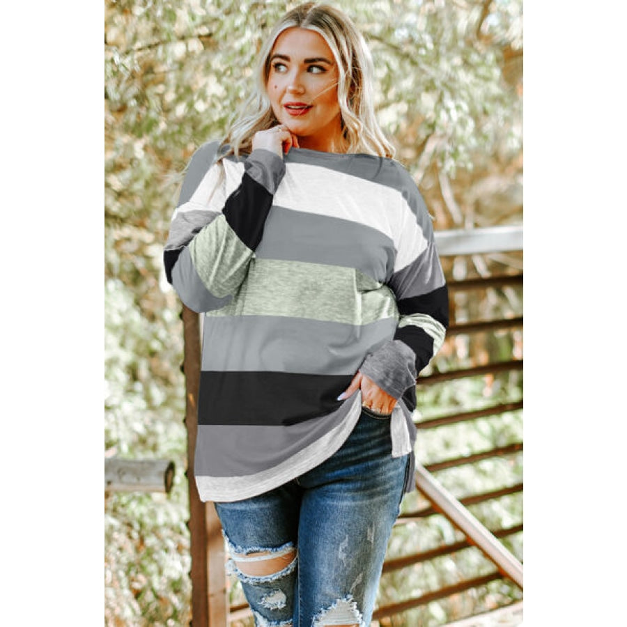 Plus Size Striped Slit Long Sleeve T-Shirt Black / 1XL Clothing