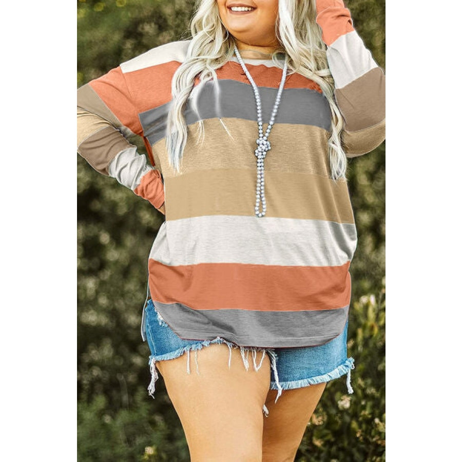 Plus Size Striped Slit Long Sleeve T-Shirt Camel / 1XL Clothing