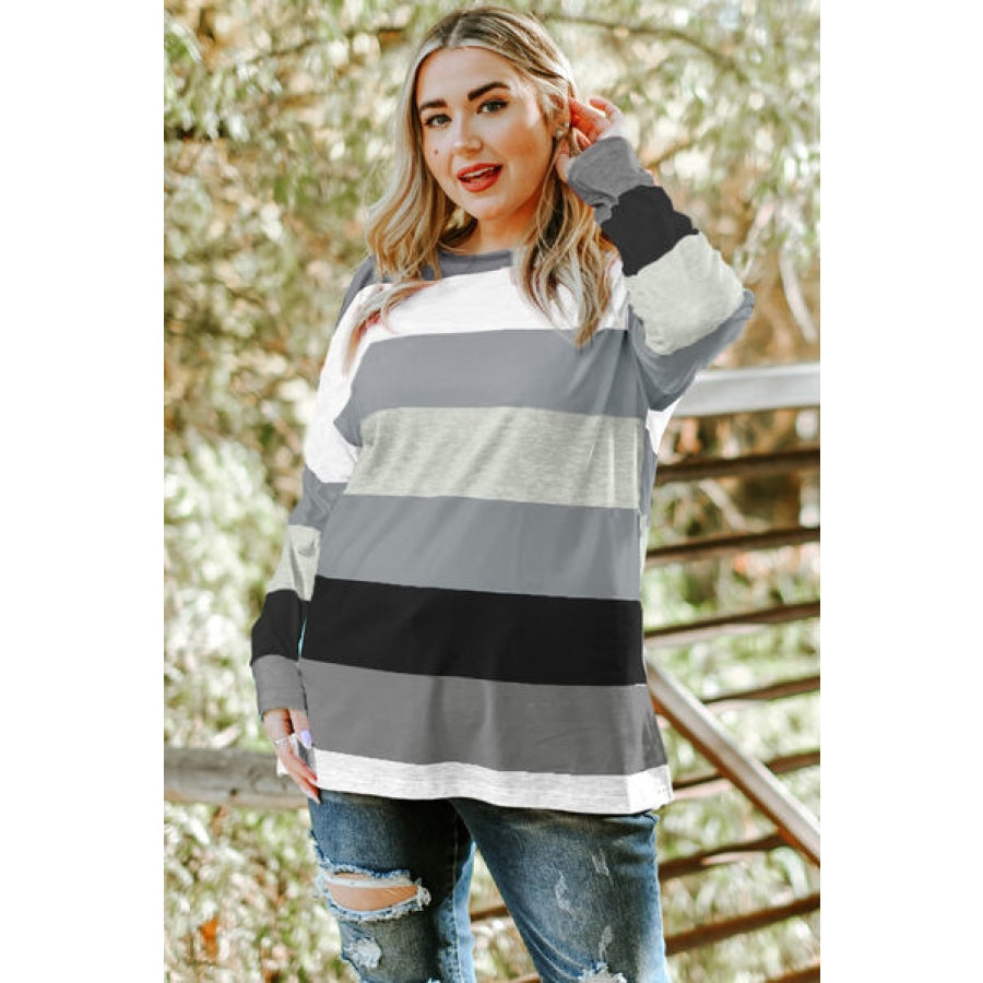 Plus Size Striped Slit Long Sleeve T-Shirt Clothing