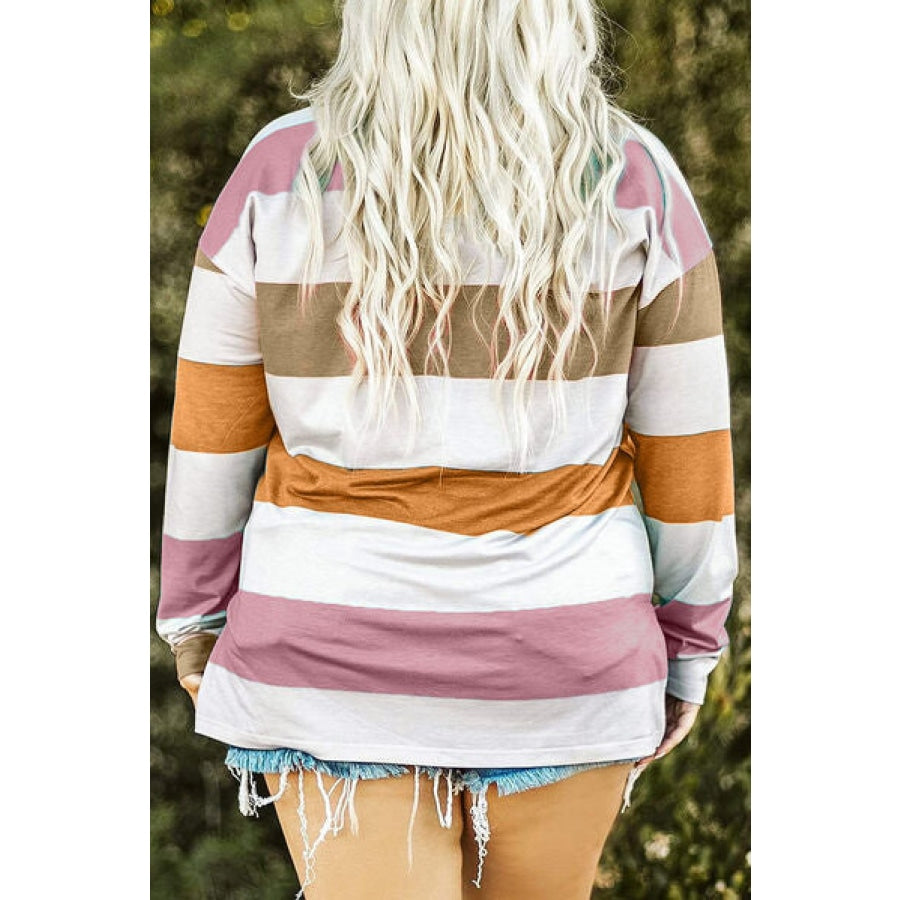 Plus Size Striped Slit Long Sleeve T-Shirt Clothing