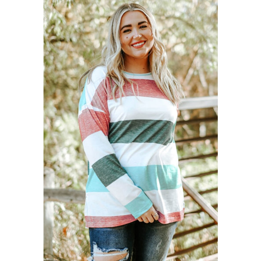 Plus Size Striped Slit Long Sleeve T-Shirt Clothing