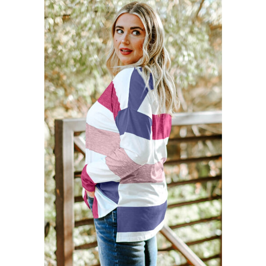 Plus Size Striped Slit Long Sleeve T-Shirt Clothing