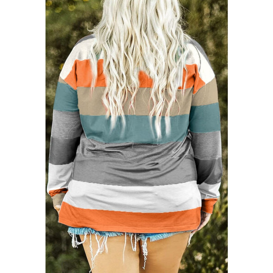 Plus Size Striped Slit Long Sleeve T-Shirt Clothing