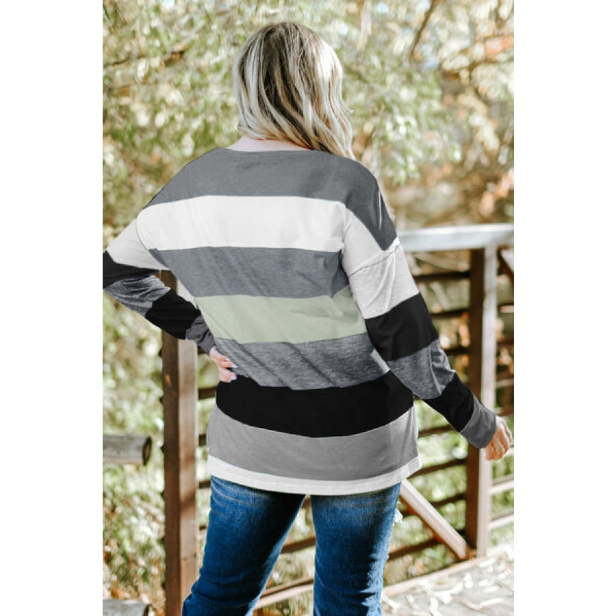 Plus Size Striped Slit Long Sleeve T-Shirt Clothing