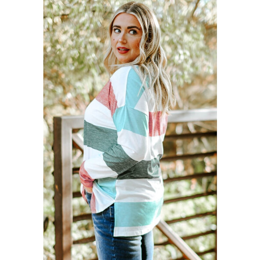 Plus Size Striped Slit Long Sleeve T-Shirt Clothing