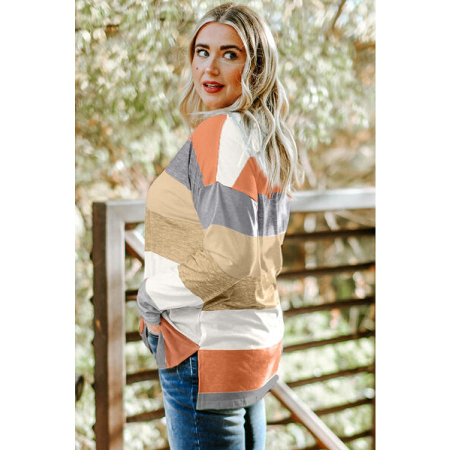 Plus Size Striped Slit Long Sleeve T-Shirt Clothing