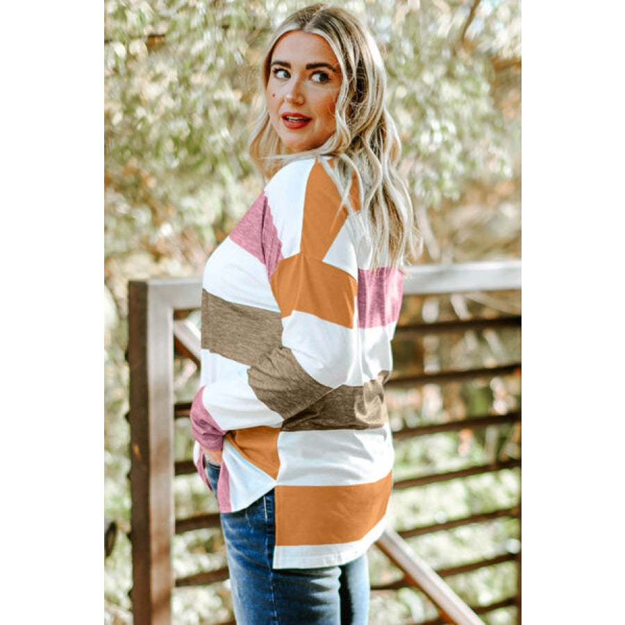 Plus Size Striped Slit Long Sleeve T-Shirt Clothing