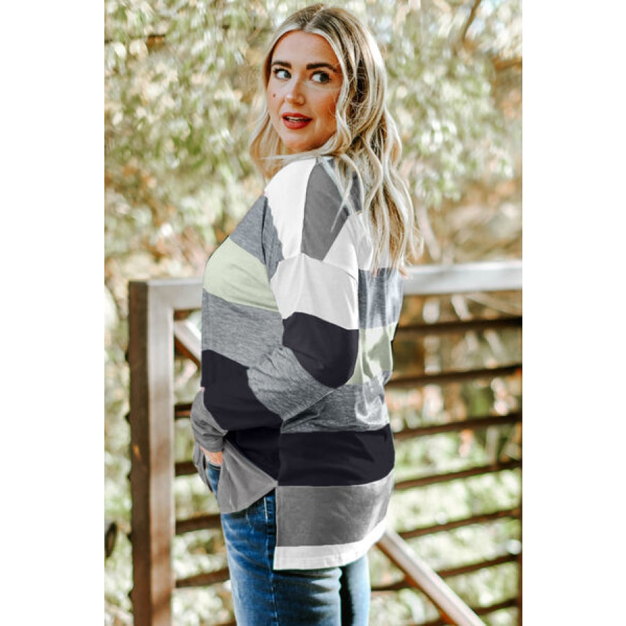 Plus Size Striped Slit Long Sleeve T-Shirt Clothing